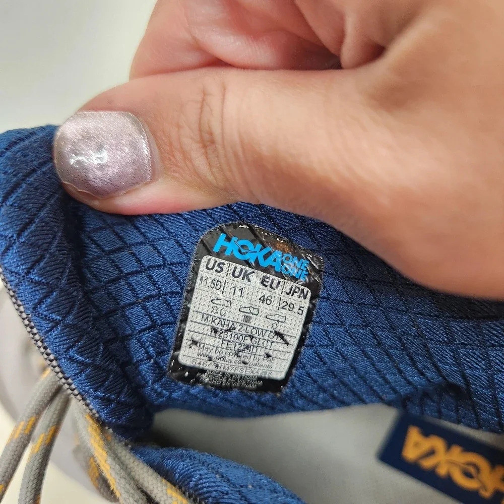 HOKA ONE ONE Kaha 2 Low Shoes Mens 11.5 Gray Blue Leather Trail Vibram Hiking